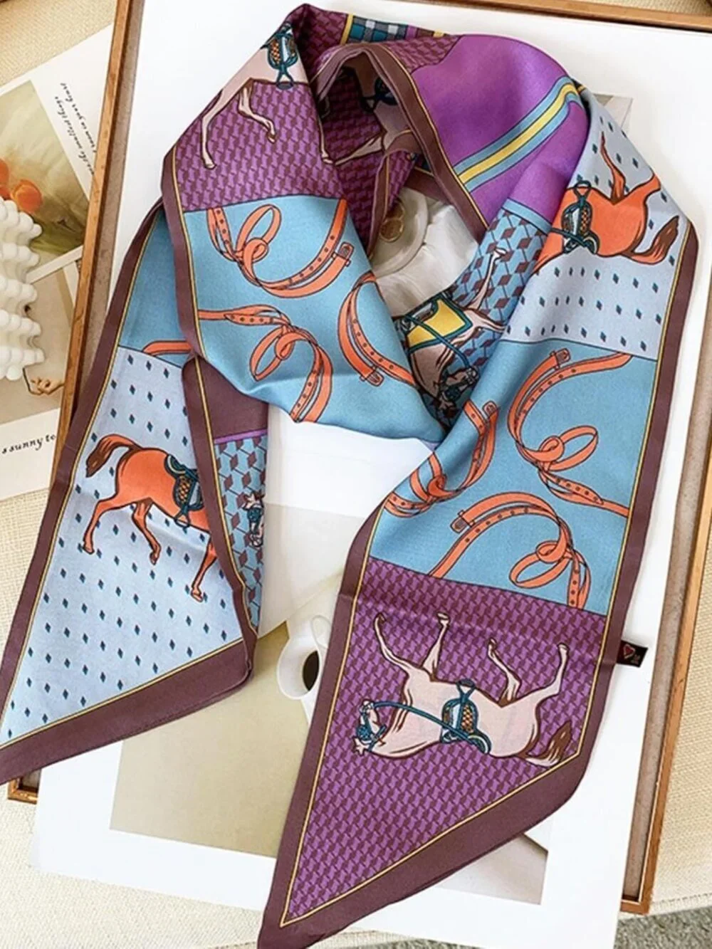 Women's Purple Horse Brown Edge Elegant Oblique Angle Scarves Bag Scarfs